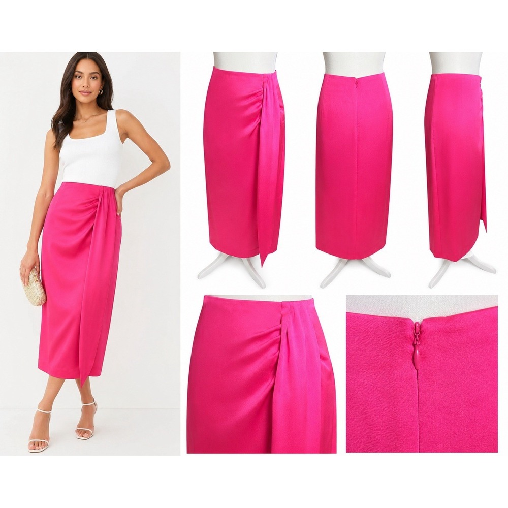 NWT J.Crew Vibrant Hot Pink Satin Wrap Midi Skirt Size 8 Draped Sash Side Slit